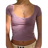 Women's Y2k Crop Tops Lace Trim Scoop Neck Cropped Summer Slim Fit T Shirt Streetwear