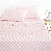 Wake In Cloud - Gingham Sheet Set, 4-Piece Sheet Set, Checkered Grid Plaid Checkerboard Geometric Preppy Hand Drawn Pattern Printed Bedding, Deep Pocket, Pink White, Twin Size