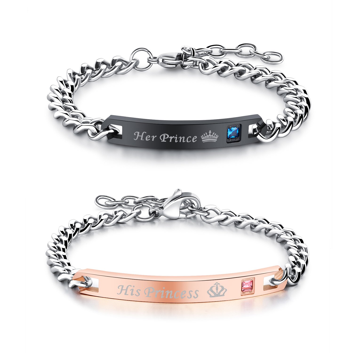 Oidea Stainless Steel His Princess Her Prince Bangle Bracelets,Bling CZ Inlaid,Size Adjustable for Couples Valentines Day Gifts