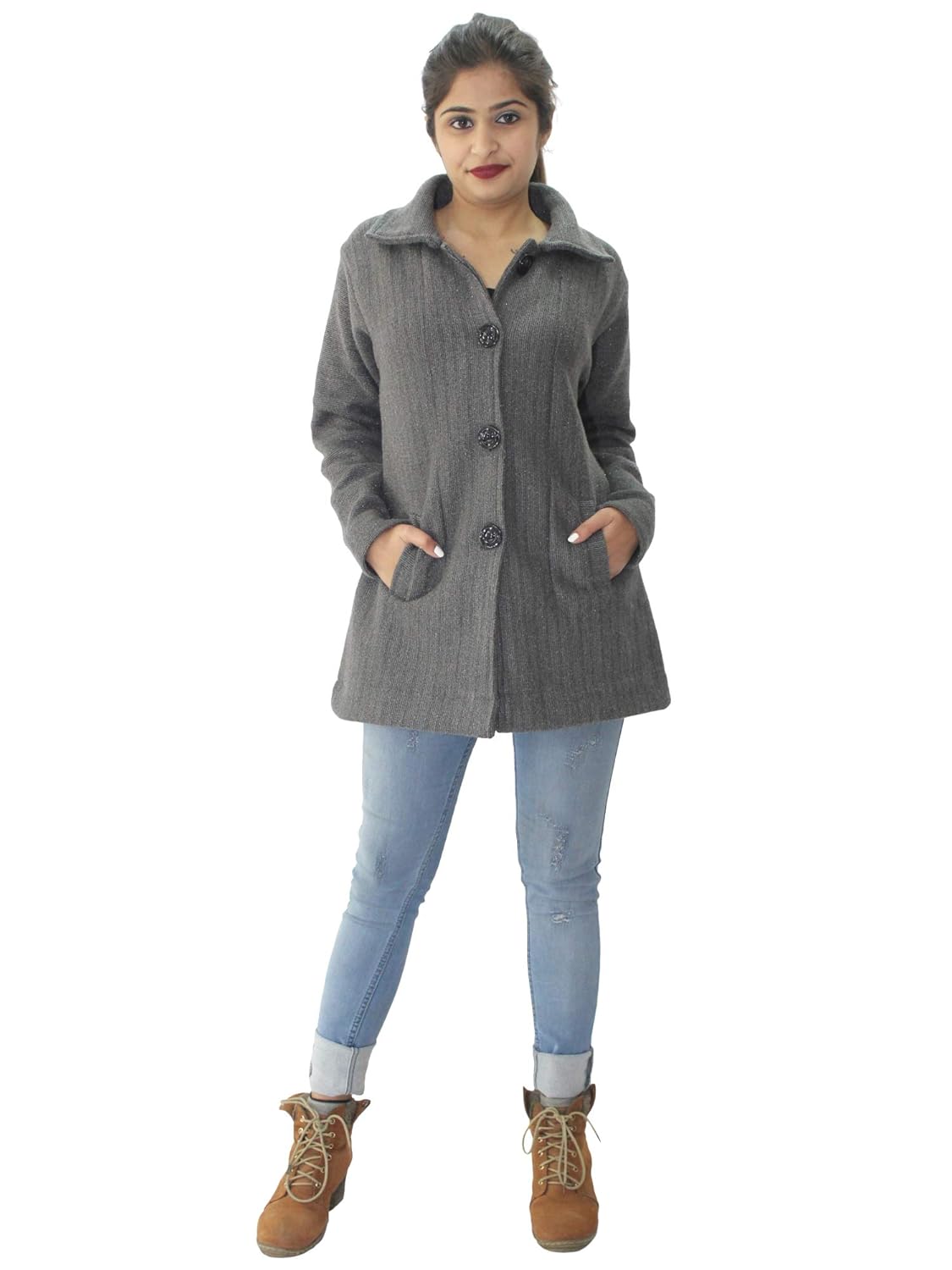hautemoda women's woollen buttoned coat/cardigan with pockets (ad04caz11dgy_dark grey)