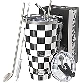 Pandaria 30 oz Tumbler with Lid and Straw | Double Wall Vacuum Insulated Stainless Steel Water Tumbler | Leak Proof Travel Coffee Mug Perfect for Cold Hot Drink | 30OZ Black White Checkered Tumbler