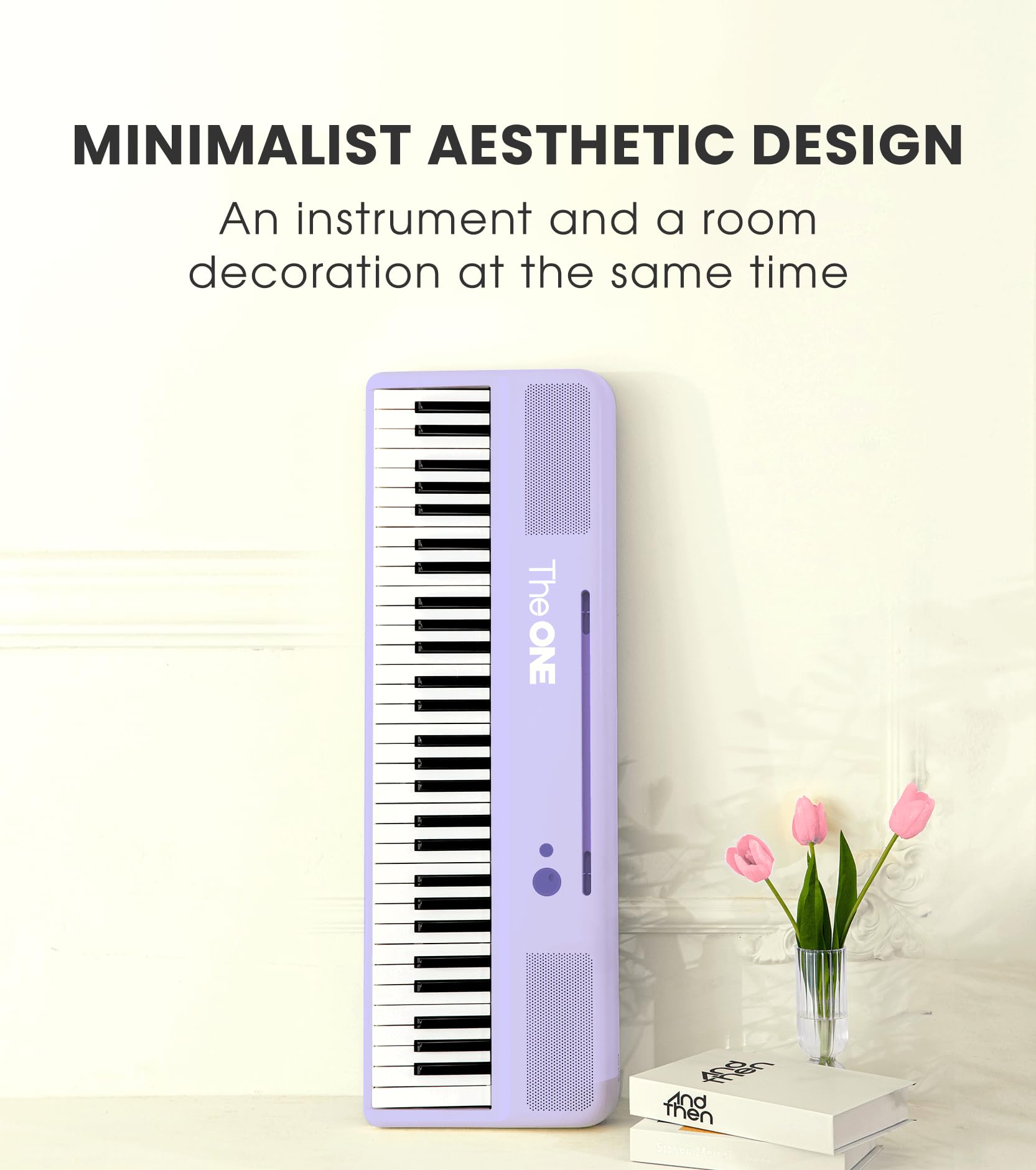 The ONE Smart Keyboard COLOR Teclado de piano con 61 teclas iluminadas, piano eléctrico para principiantes con 256 tonos, 64 polifonía, luces LED integradas y aplicaciones, compatible con USB MIDI/auriculares (púrpura)