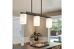 Mecgirn Farmhouse Dining Room Light Fixtures Over Table, Black Pendant Lights for Kitchen Island with Milk Glass Shade, 3 Light Linear Chandelier Lighting with Wood
