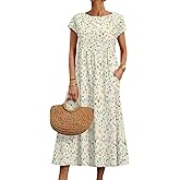 domirica Cotton T Shirt Dresses for Women Cap Sleeve Crewneck Empire Waist Flowy Swing Summer Casual Long Maxi Smocked Dress