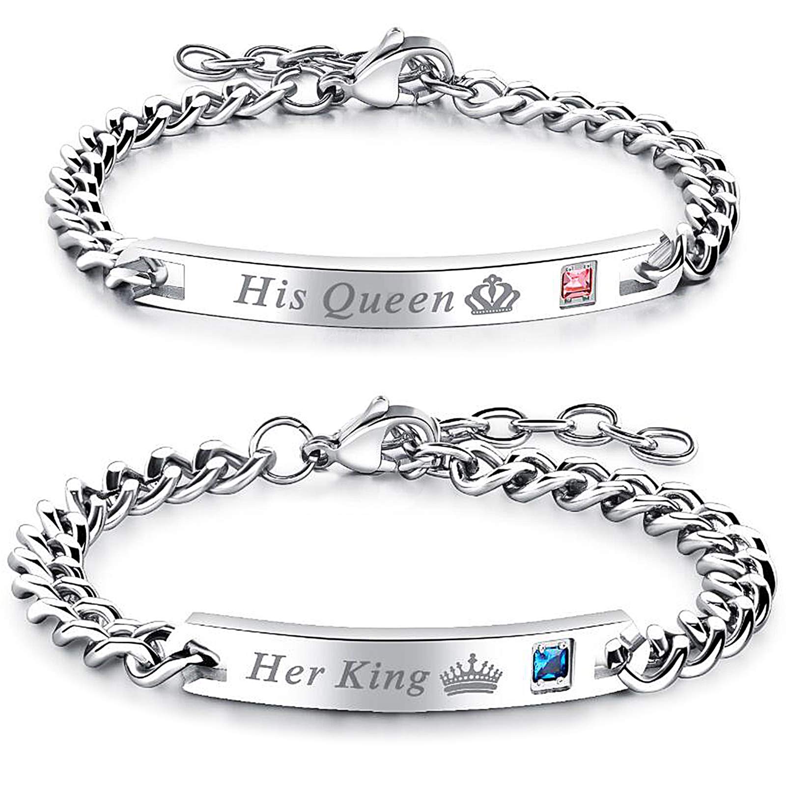 Gleamart His Queen Her King Bangles Valentine's Day Engraved Couple Bracelet Set Gift for Women Men