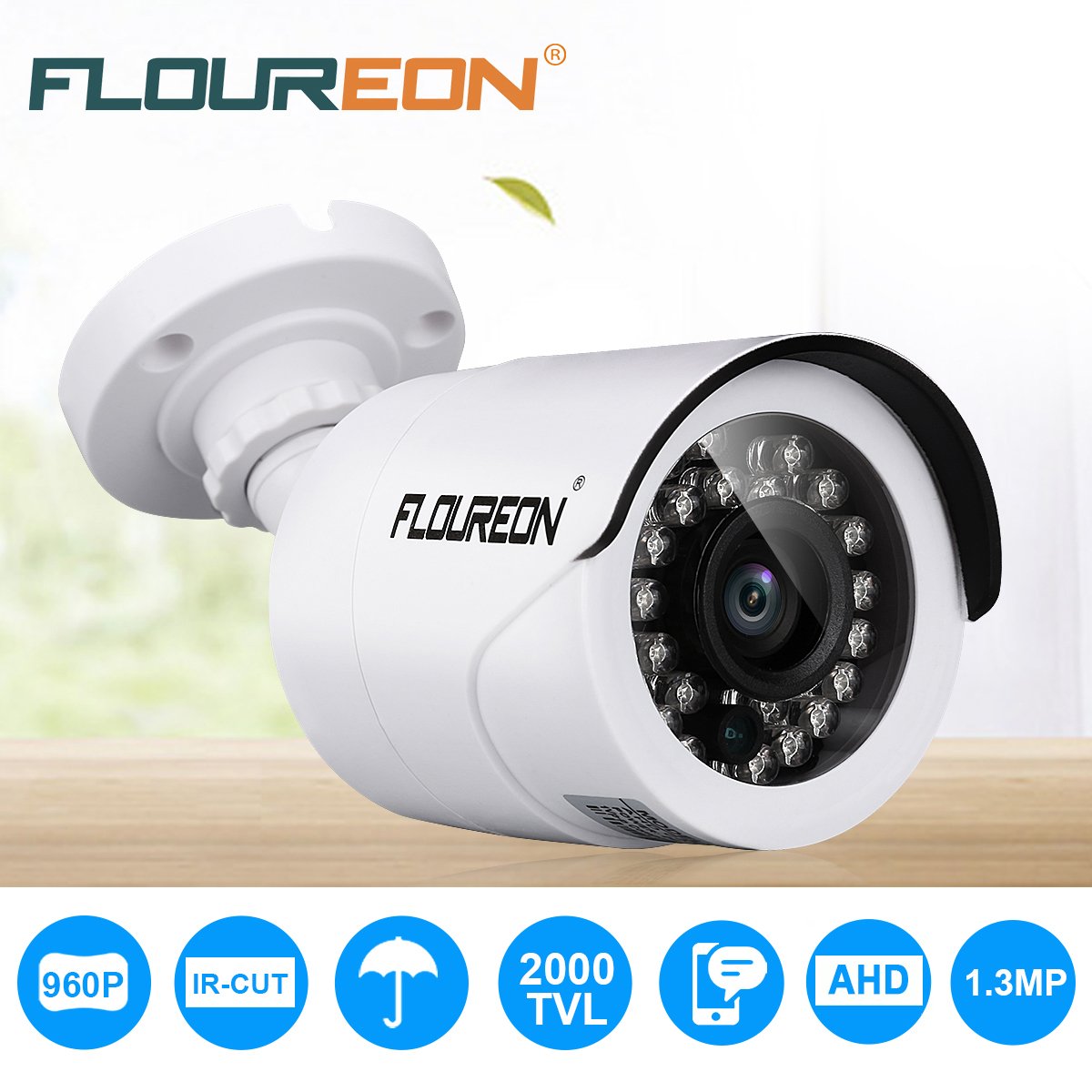 FLOUREON 2000TVL Überwachungskamera 1,3MP Outdoor Kamera Nachsicht für AHD 1080N DVR Videoüberwachung Wasserdicht Weiß