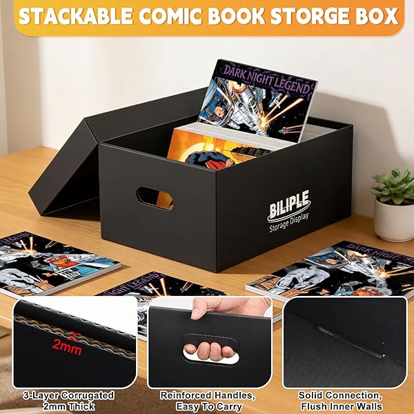 6 PACK COMIC BOOK STORAGE BOX 15.8″ X 7.2″ X 10.7″, THICK CARDBOARD COMIC BOOK BOX WITH LIDS, HOLDS 150-175 CURRENT/SILVER AGE COMIC, STACKABLE BIN COMIC ORGANIZER CASE FOR COLLECTING SUPPLIES, BLACK