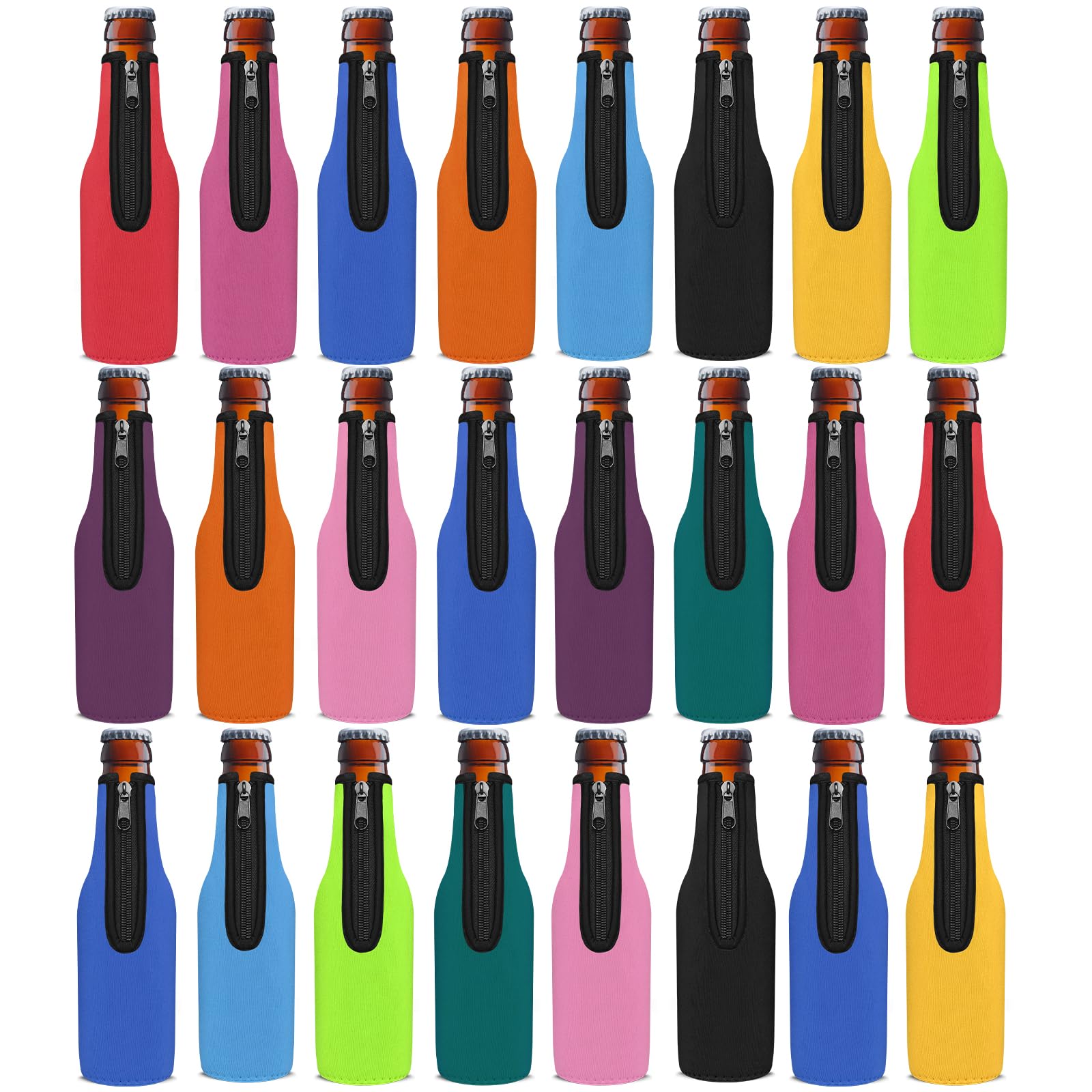 Photo 1 of Wegitcs Beer Bottle Cooler Sleeves, Standard Zip-up Extra Thick Neoprene Insulated Sleeve-Keep Beer Cold and Hands Warm, Non-slip 12 OZ Longneck Bottle Holder with Bottle Opener (Multicolor, 24 Pack)