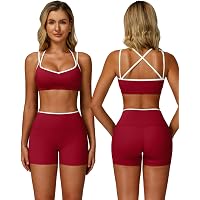 ABOCIW Workout Sets for Women 2 Piece Color Block Strappy Sports Bra High Waist Shorts Gym Yoga Pilates Outfits