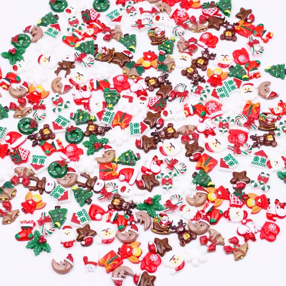 100pcs Christmas Slime Flatback Charms, Assorted Craft Resin Ornaments Miniature Ornaments Set, Santa Snowman Tree Bell Resin Decoration for Craft Making, Ornament Scrapbooking DIY Crafts