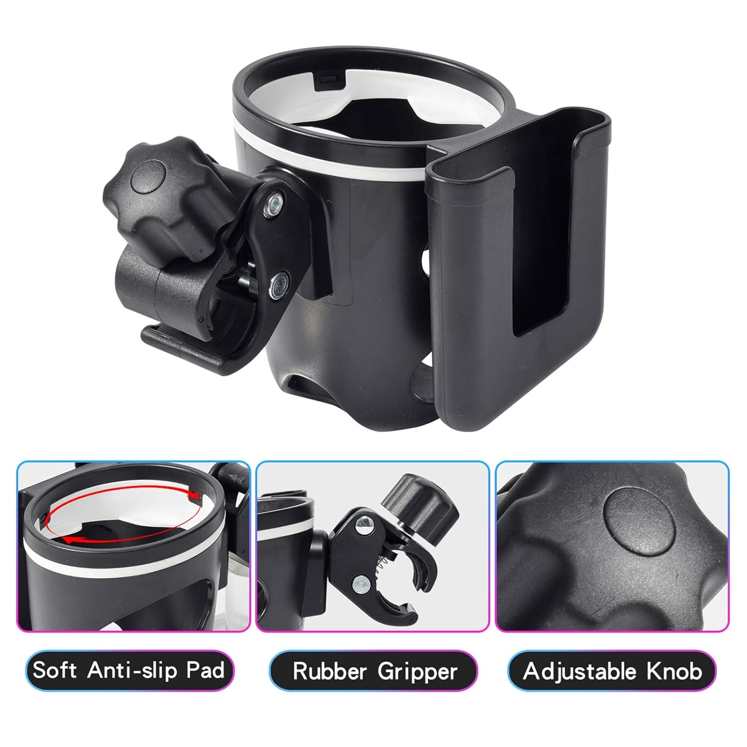 Eucredy Stroller Cup Holder, Universal Bike Cup Holder with Cell Phone Holder, 360 Degrees Rotation Bottle Holder, Adjustable Drink Holder for Bicycle, Pushchair, Wheelchair, Walker, Buggy: Baby