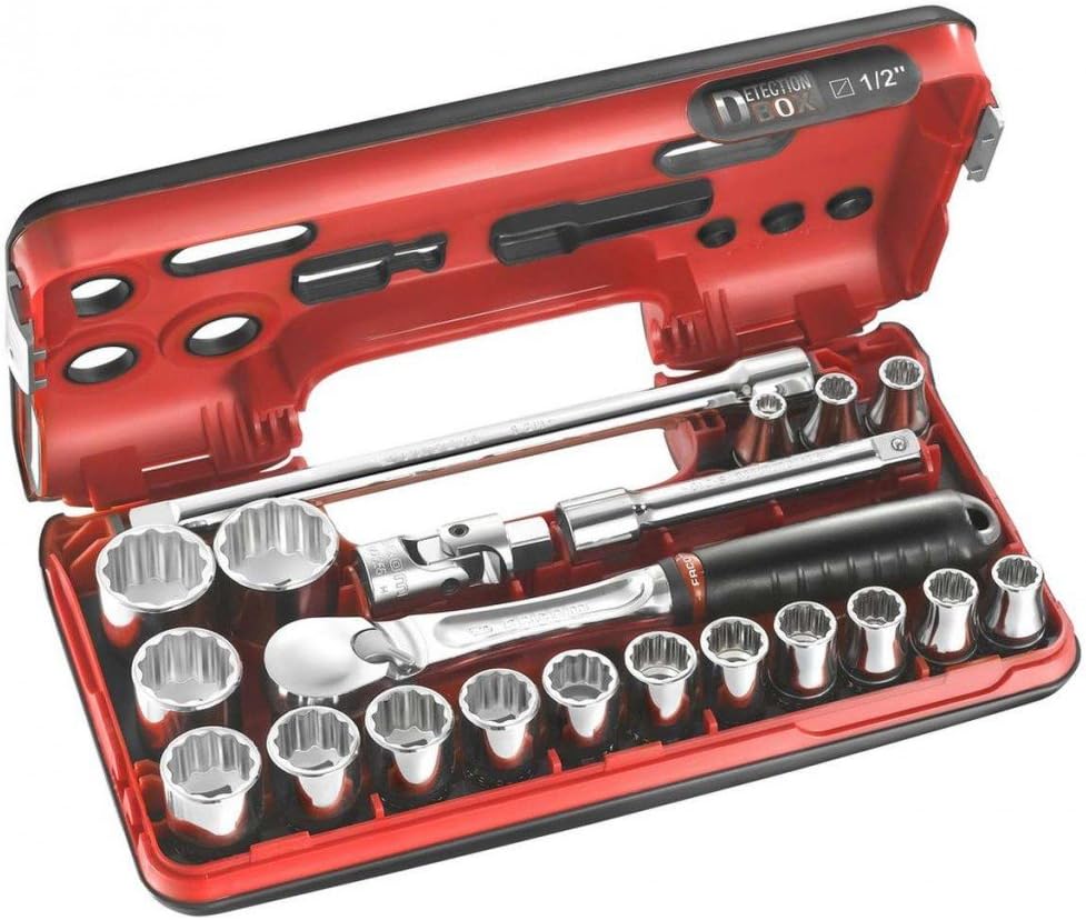 Facom SL.DBOX112 Bi-Hex Socket Set in Detection Box, 1/2" Drive, 8mm-32mm, Red, 8mm - 32mm