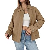 Tankaneo Women's Faux Suede Motorcycle Jackets Oversized Zip Up Bomber Coats Fall Fashion Winter Outerwear
