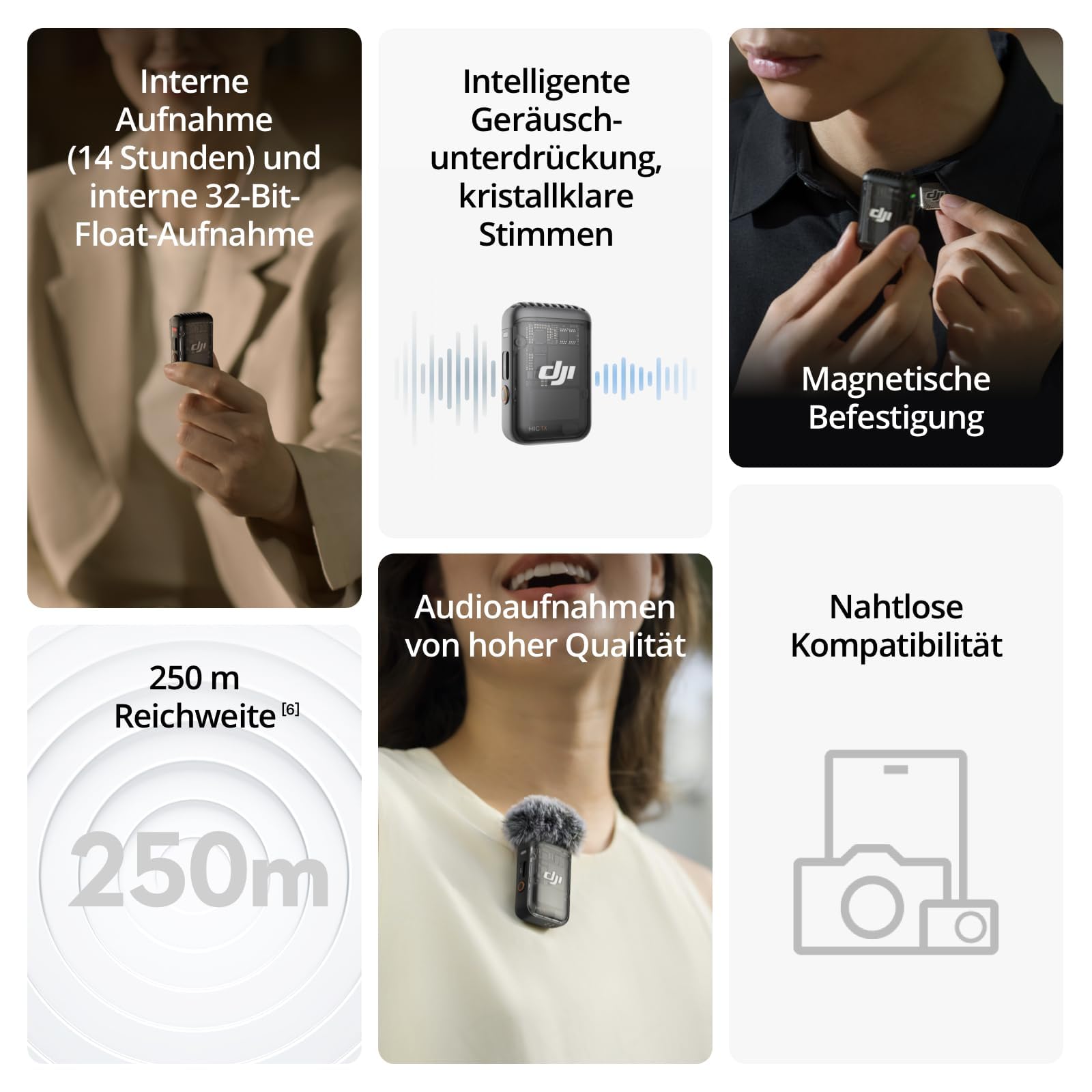DJI Mic 2 (1 Sender + 1 Empfänger), kabelloses Mikrofon mit intelligenter Rauschunterdrückung, interne 32-Bit-Float-Aufnahme, optimierter Sound, 250 m Reichweite, Mikrofon für iPhone, Android 3