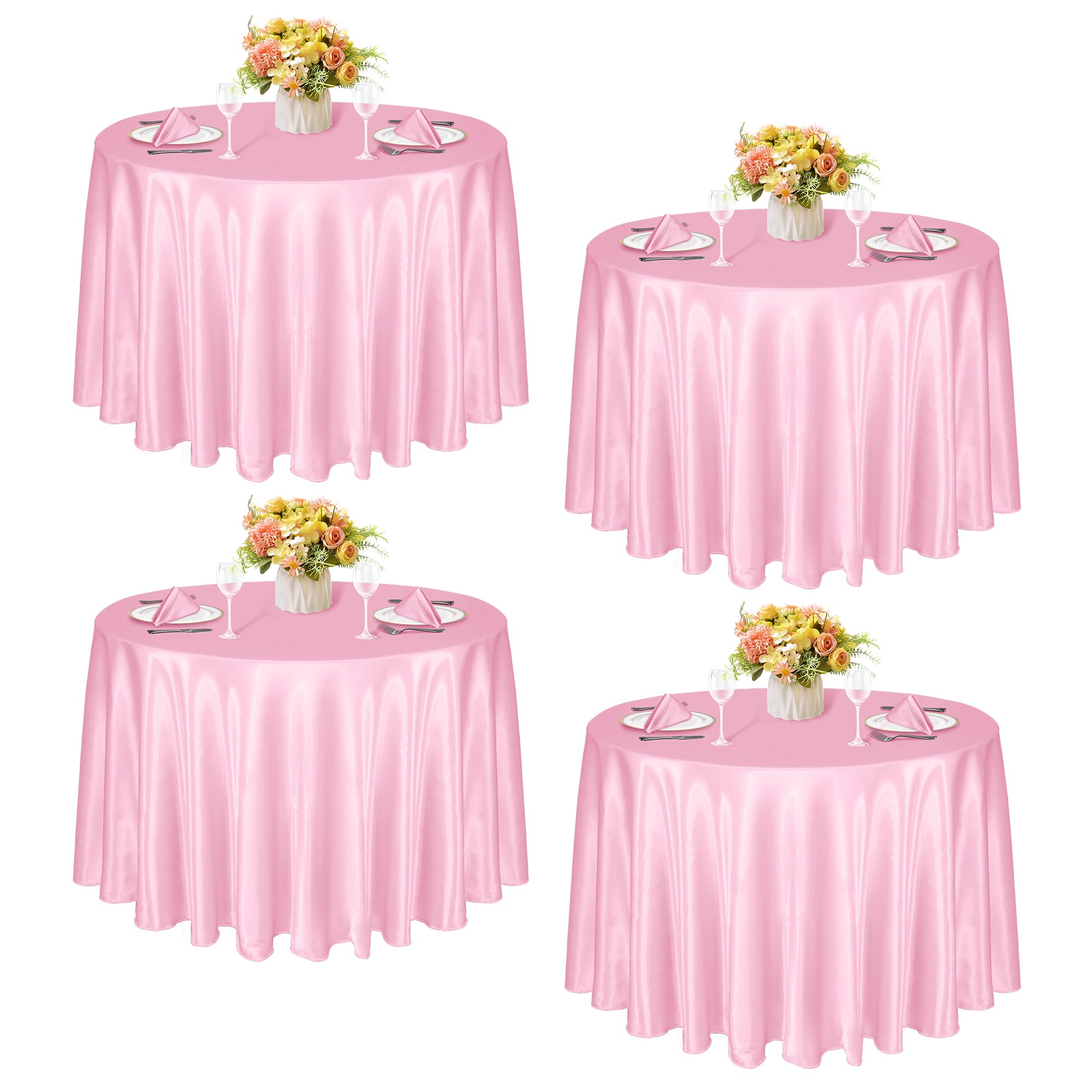 Photo 1 of KKJIAF 4 Pack 120 Inch Round Tablecloth Satin Light Pink Tablecloth, Silky Satin Round Table Cover Dining Table Cloth for Wedding, Party, Banquet, Restaurant, Formal Events