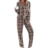 Ekouaer Womens Pajama Sets 2 Piece Cotton Plaid Pjs Long Sleeve Sleepwear Button Down Lounge Set with Pockets