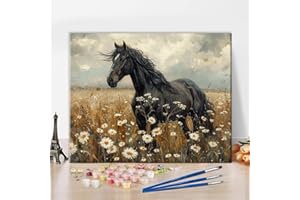 TUMOVO Animal Paint by Numbers for Adults Vintage Nostalgic Black Horse in White Flower Field Adults' Paint-by-Number Kits Pa