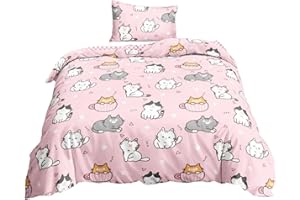Single Duvet Cover Set, 53.15x78.74 inch Cute Cat Girls Single Duvet Cover Set, Soft Polyester Bed, Kawaii Cat Bedding for Gi