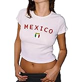 Women's Graphic Baby Tees Shirts Slim Fit Short Sleeve Brazil Shirt Mexico Crop Top 2000s Vintage Going Out Tops