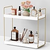 Forbena White and Gold Bathroom Counter Organizer, 2 Tier Makeup Vanity Organizer Countertop, Bathroom Sink Skincare Shelf Tray Organizers and Storage for Perfumes Lotions Kitchen Coffee Bar Decor