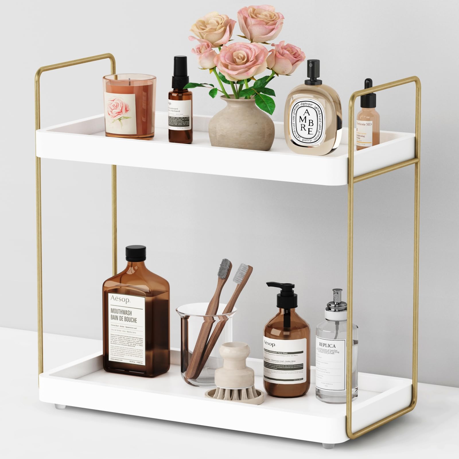 Photo 1 of Forbena White and Gold Bathroom Counter Organizer, 2 Tier Bathroom Organizer Countertop Tray, Corner Makeup Vanity Shelf Organizers and Storage for Perfume Skincare Kitchen Sink Coffee Bar Decor