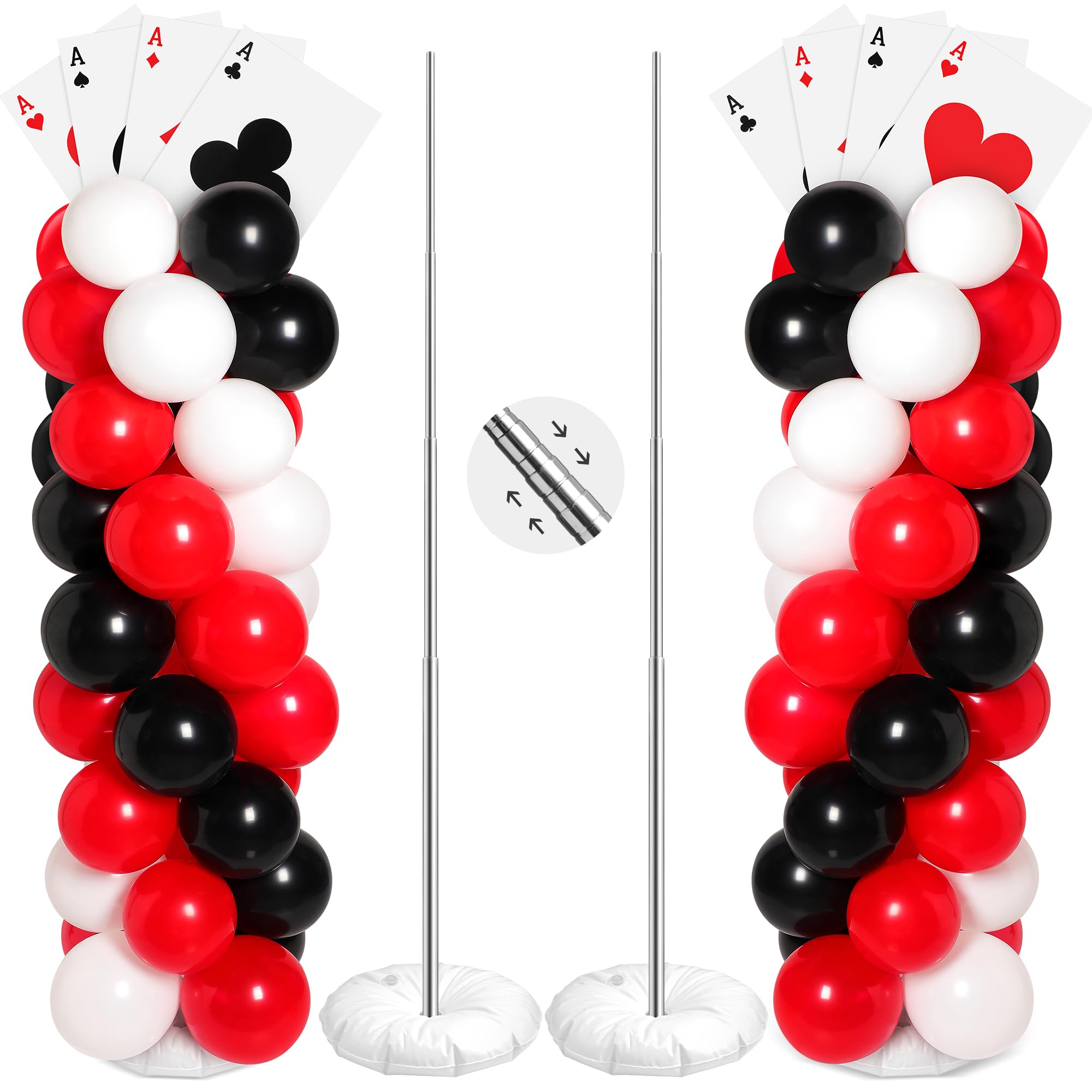 Photo 1 of 2 Sets Casino Theme Party Decoration Adjustable Poker Themed Balloon Column Stand Kit 8 Pcs Jumbo Poker Cards 129 Pcs Balloon Set for Las Vegas Game Night Birthday Party Supplies(Red Black and White)