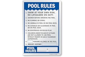 SmartSign 14" x 10" 'Pool Rules - Swim At Your Own Risk, Shower Before Entering, Emergency Assistance, Pool Hours' Write-On Metal Sign, 40 mil Laminated Aluminum, Blue/Black/White, USA-Made