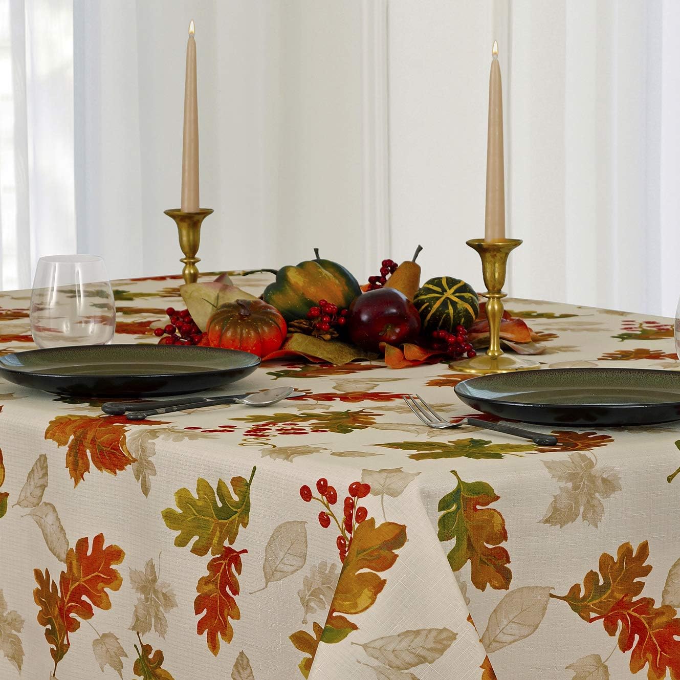 Elrene Home Fashions Swaying Leaves Allover Fabric Tablecloth for Thanksgiving/Fall/Harvest, 70" Round, Ivory: Home & Kitchen