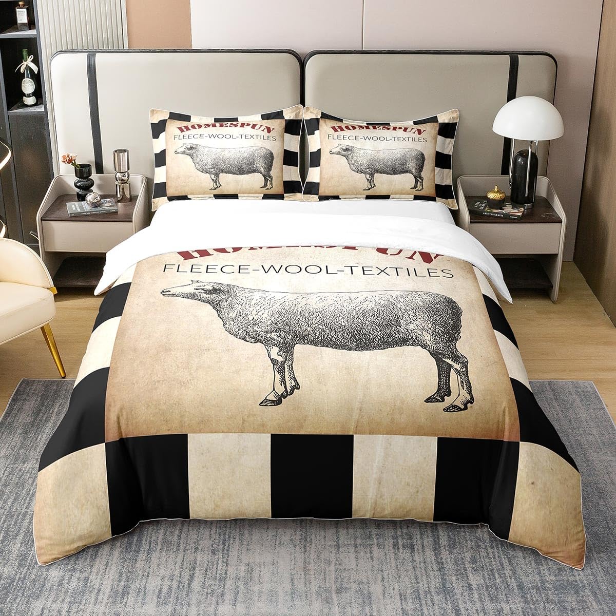 Kids Girls Boys Sheep 100% Cotton Duvet Cover,Fleece Rustic Bedding Set Double,Farmhouse Animal Comforter Cover,Vintage Geometric Buffalo Plaid Check Bed Sets with 2 Pillowcases,Black and White