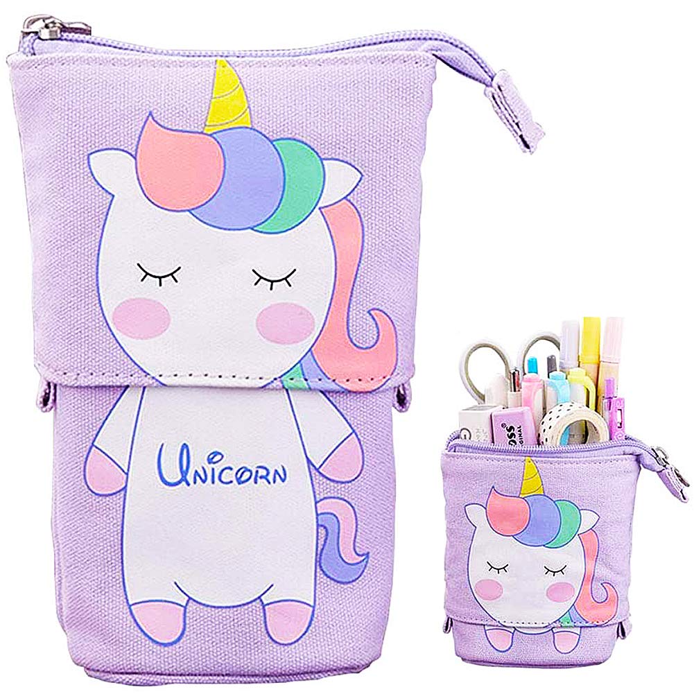 Transformer Stand Store Pencil Holder Canvas PU Cartoon Cute Cat Telescopic Pencil Organizer Cosmetics Pouch Makeup Bag Stationery Pen Case Box for Students Boys and Girls(Unicorn)