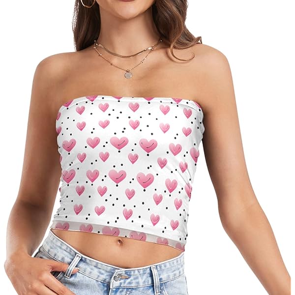 Womens Tube Tops Valentine Pink Hearts Dots Mesh Crop Top