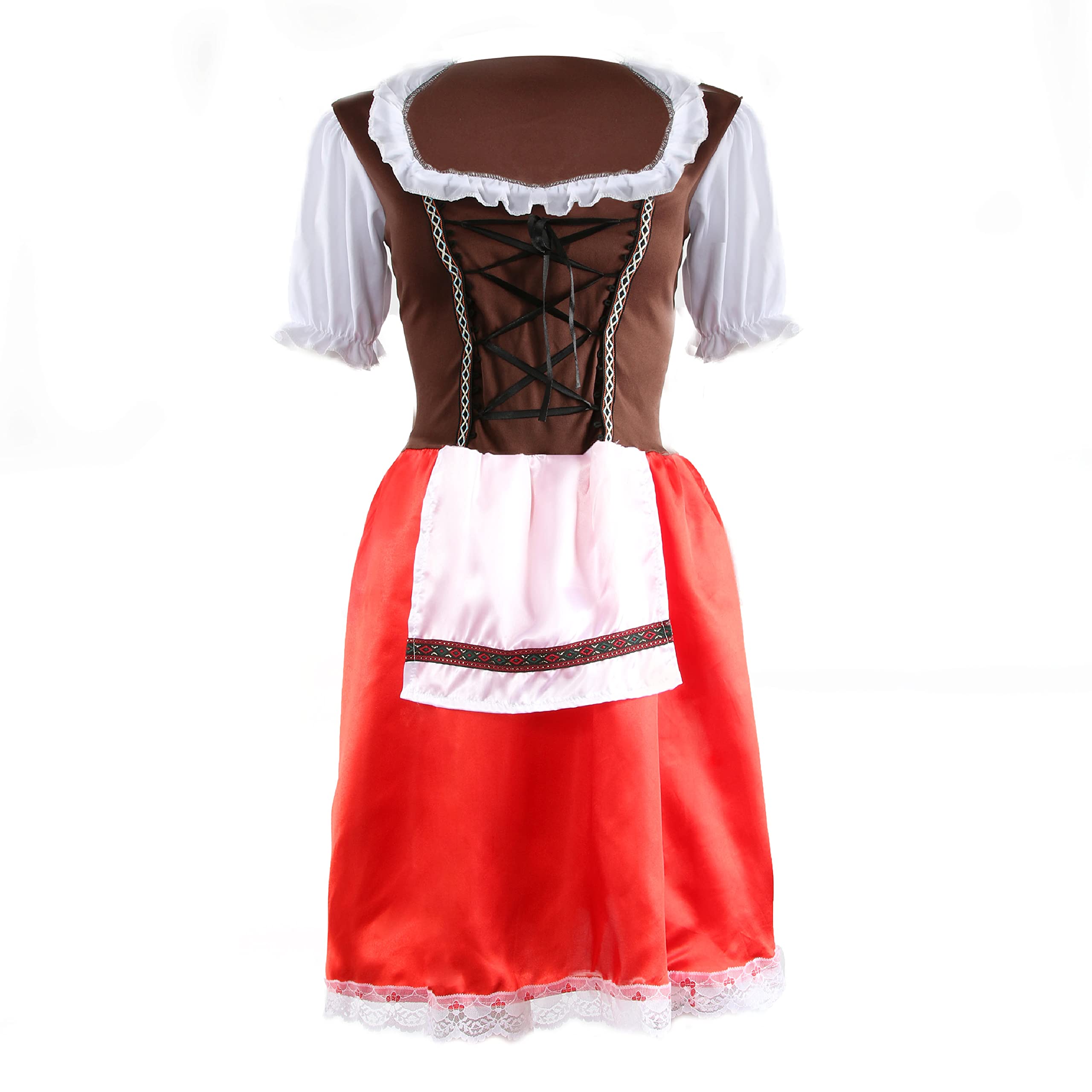 Ladies Bavarian Beer Girl - Oktoberfest Fancy Dress and Stockings Costume - Brown/Red - Womens Beer German Maid Wench (Large)