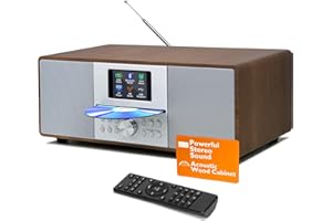 MangoKit MS4+ CD Player FM Radio HiFi System I Bluetooth I Powerful Stereo System I FM Digital Radio IAcoustic Wood Cabinet I CD Player with Speakers I 40 Presets,Headphone Jack I Walnut Finish