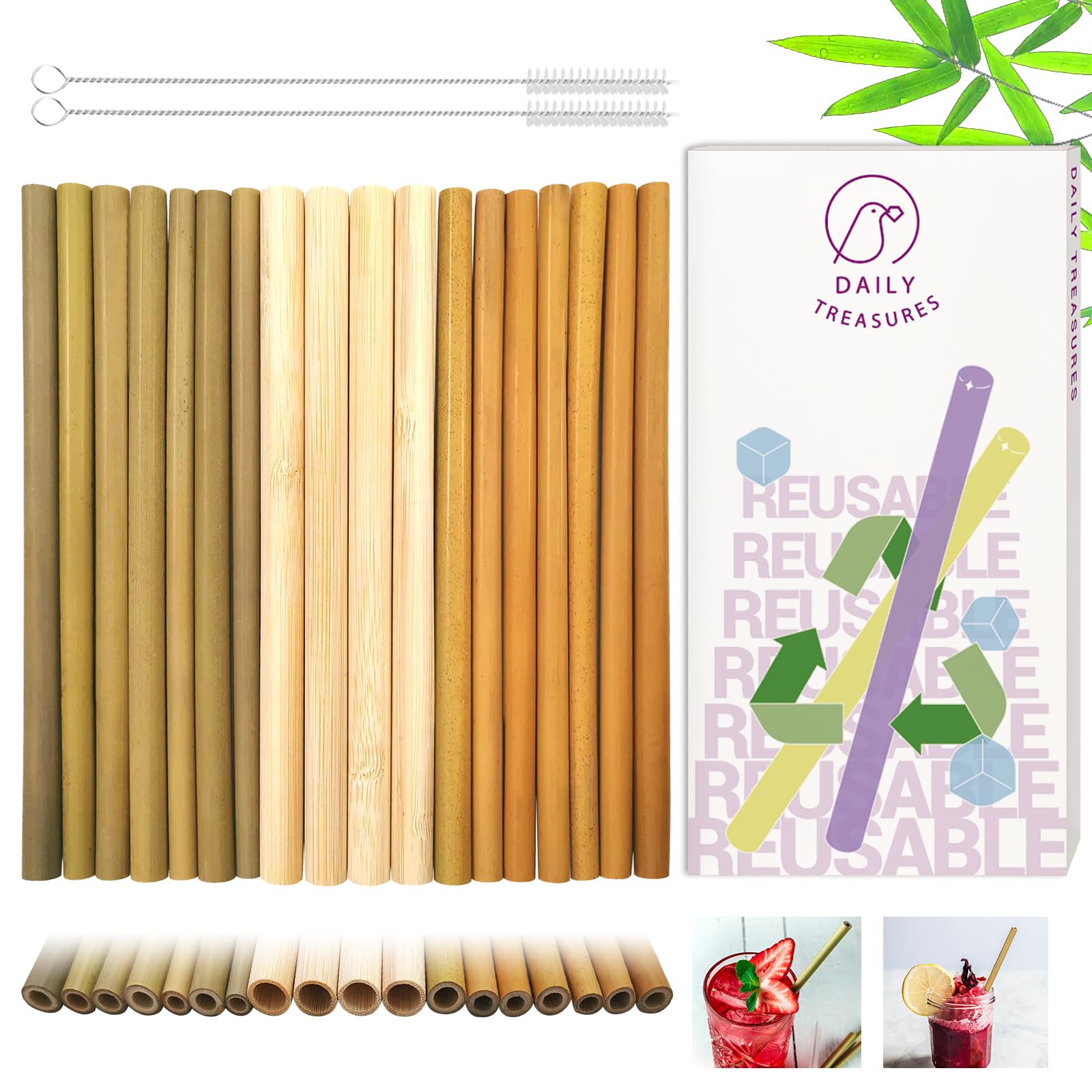 Daily Treasures 18Pcs Bamboo Drinking Straws, 7.9 Inches Natural Reusable Straws Biodegradable Wooden Straight Boba Smoothie Alternative to Plastic with 2 Nylon Brushes, Yellow,green