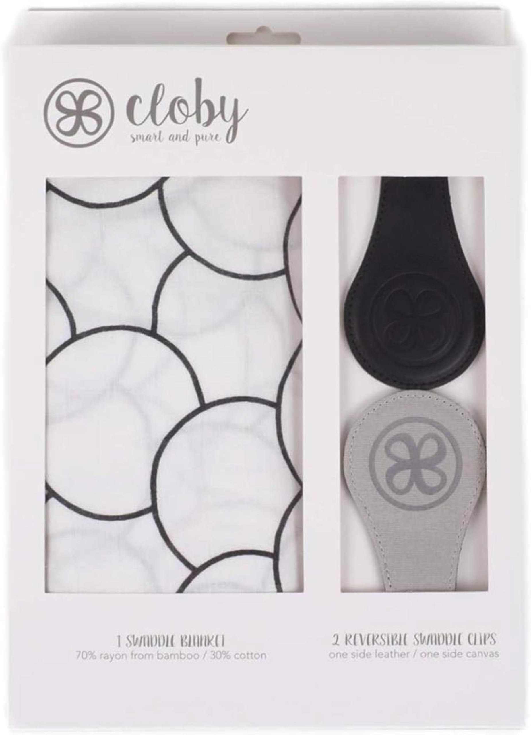 Cloby Bamboo and Cotton Swaddle Wrap with Leather and Canvas Magnet Clips, Black/Grey, 300 g