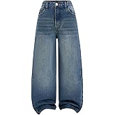 Milumia Girl's Y2k Wide Leg Baggy Denim Pants Elastic Waist Straight Jeans Trousers with Pockets