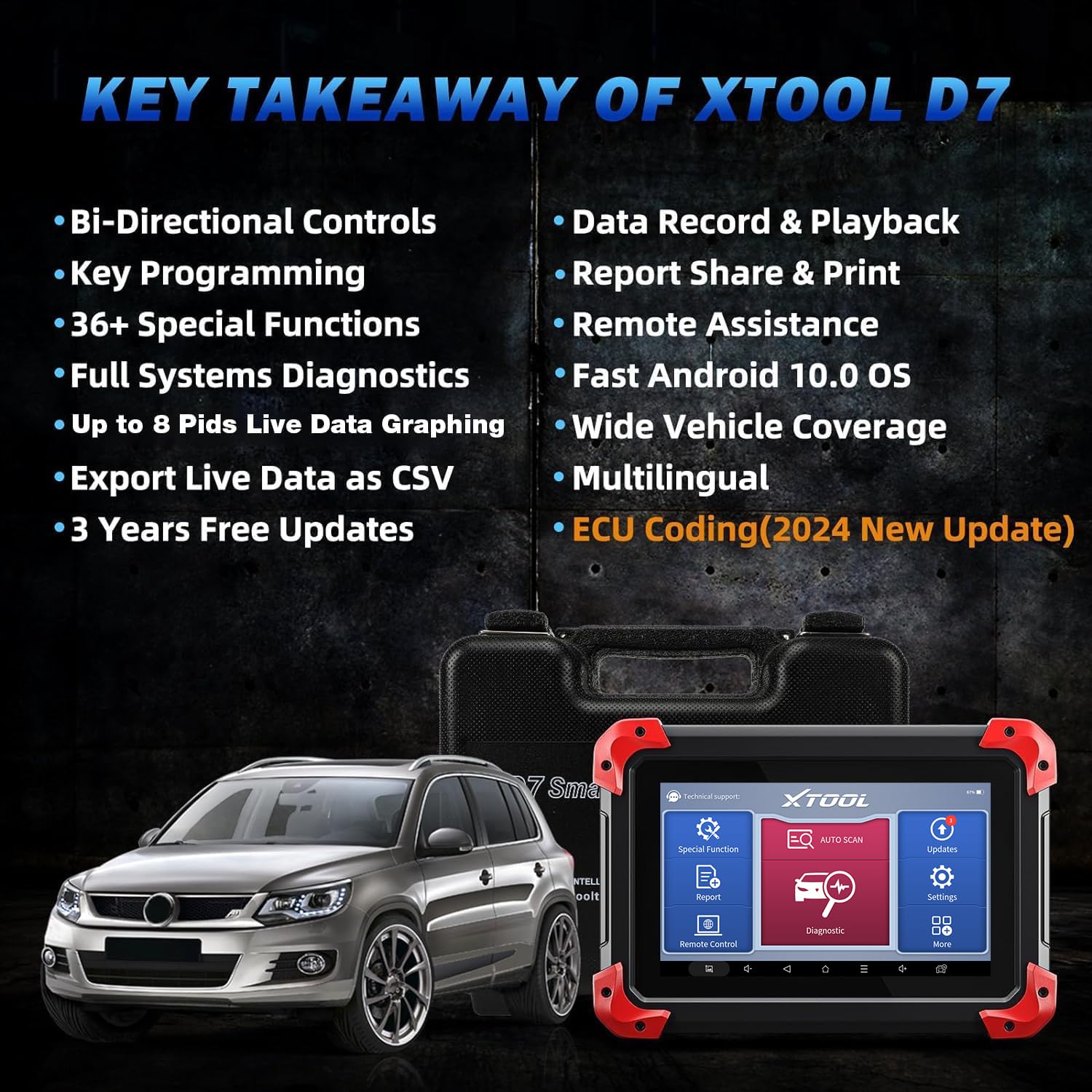 XTOOL D7 OBD2 Scanner Diagnostic Tool with 3-Year Updates, 2024 Newest, Bi-Directional Scan Tool with ECU Coding, 36+ Services, Key Programming, Crankshaft Relearn, Full Systems Scanner for Car