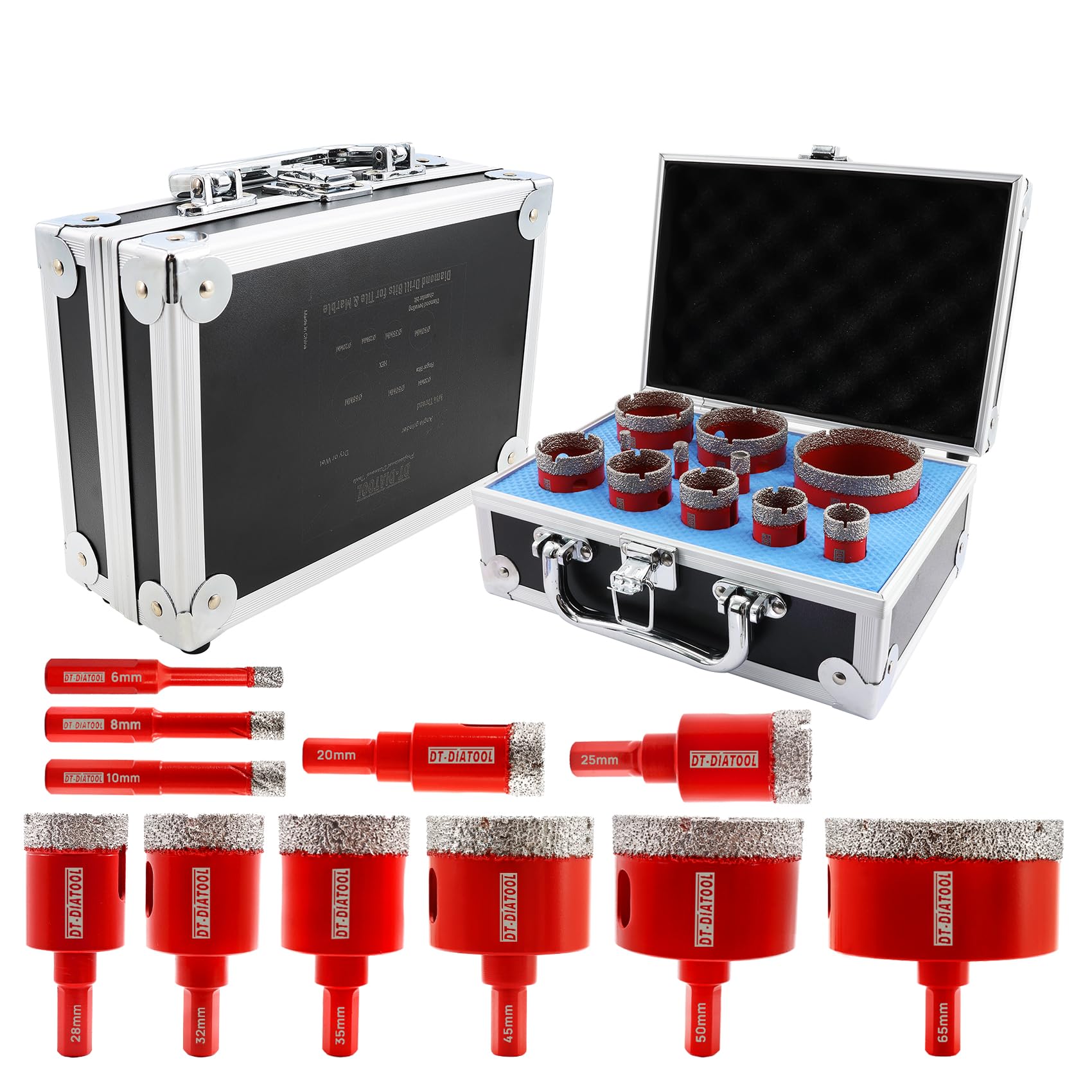 DT-DIATOOL Diamond Drill Bit Kit 11pcs/set Vacuum Brazed Diamond Hole Saw with Triangle Shank 6/8/10/20/25/28/32/35/45/50/65mm Drilling Porcelain Tile Ceramic Marble Granite Masonry Quartz โ image 1