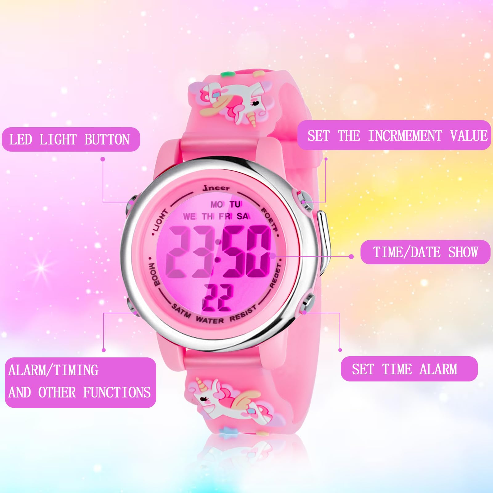 NEWITIN 4 Pieces Girls Watch Bracelets Set Multifunctional 7 Color Lights Digital Sport Alarm Stopwatch 3D Waterproof Unicorn Watch Jewelry Set for Girls 3-10 Years Old Kids