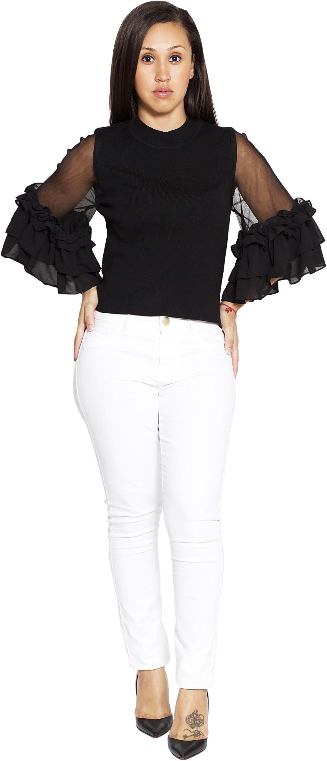 Gracia Mocking Neck Three Quarter Bell Sleeves with Ruffles Top Black Formal Fashion Senorita Blouse