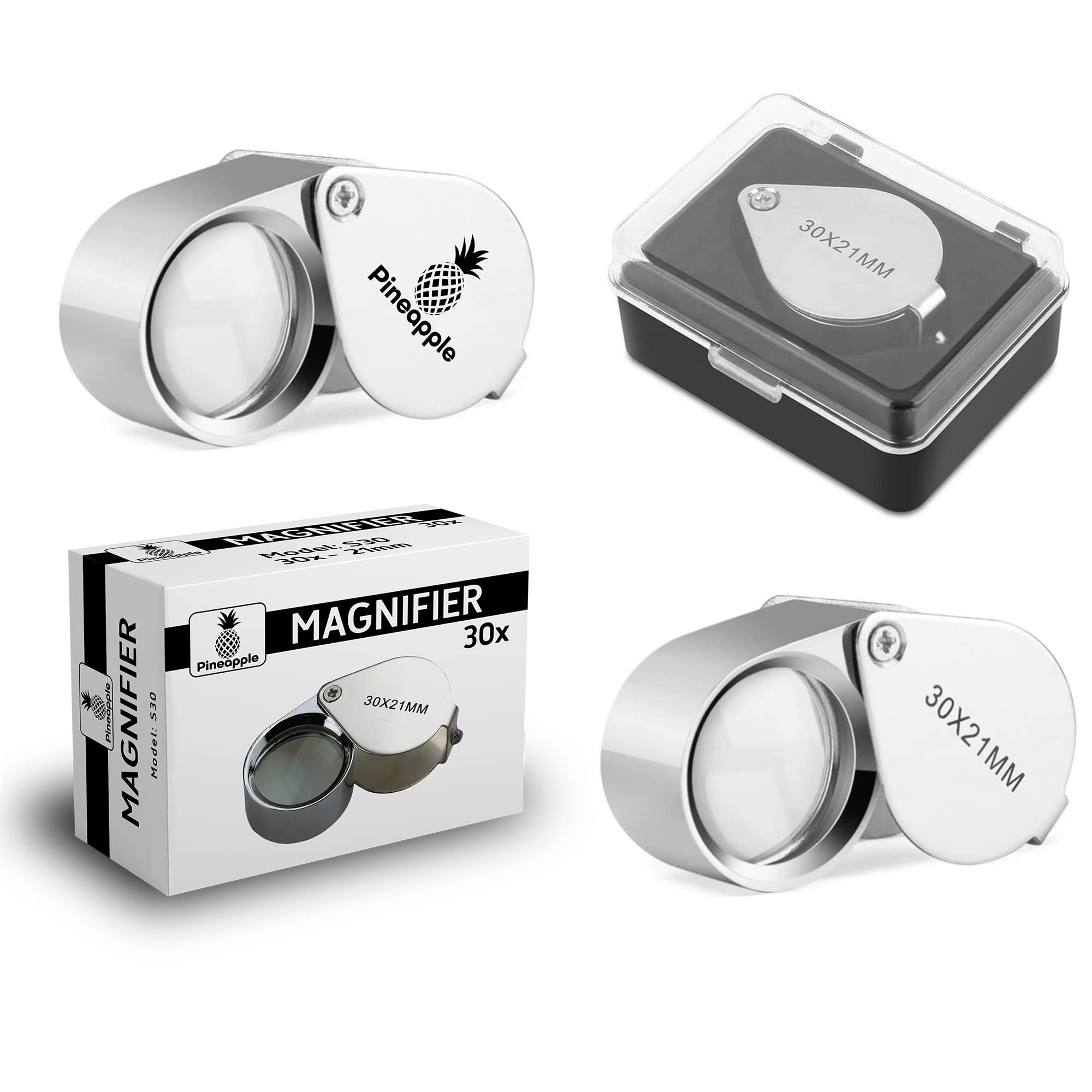 PINEAPPLE [2 Pack] 30X Jewelers Loupe Pocket Magnifying Glass Jewelry Loop Small Foldable Magnifier Eye Lens for Coins, Plants, Gems, Diamonds