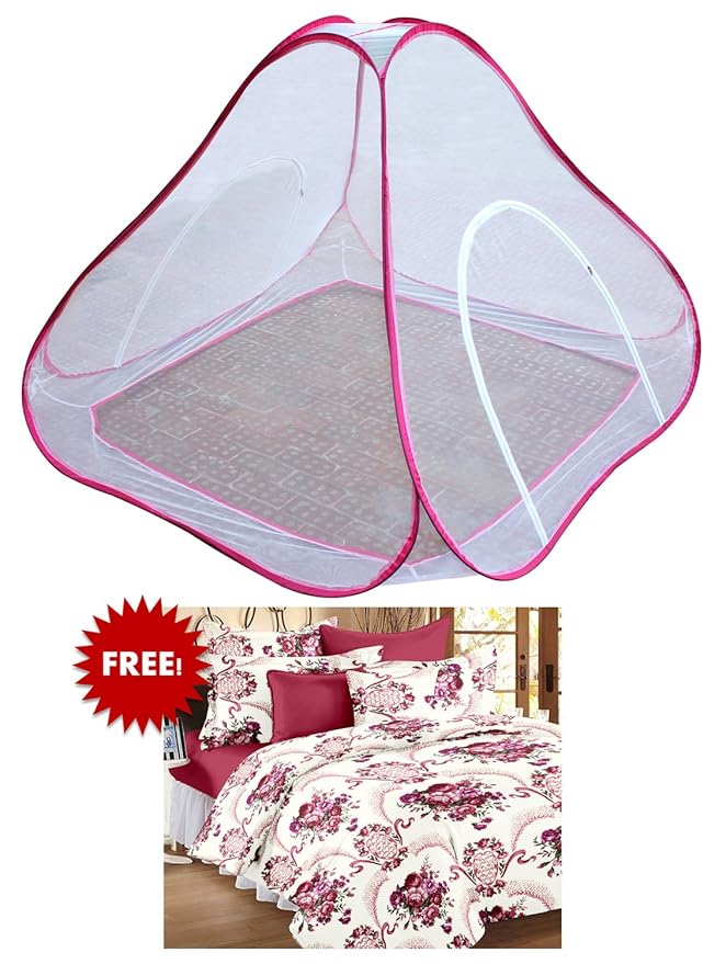 Bedspun Double Bed Pink Polyester Mosquito Net with Elegant Cotton Floral Bedsheets with 2 Pillow Covers (Double Size, Velvet and Red)