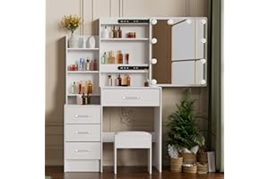 Vanity Desk with Sliding Mirror and Lights, Small Vanity with Lighted LED Mirror, 3-Color Adjustable Brightness, USB Port, Dr