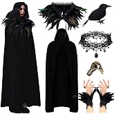 Mepase 6 Pcs Halloween Crow Costume for Adult, Scary Halloween Costumes Set | Black Feather Accessories, Includes Skull Viking Ring and Gothic Necklace, Ideal for Mardi Gras Cosplay and Themed Parties