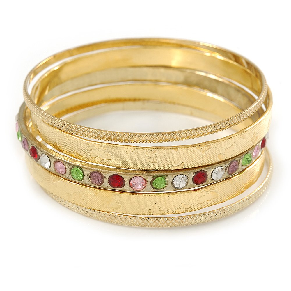 Avalaya Indian Style Multicoloured Crystal Textured Bangle Set of 5 In Gold Tone - 19cm L