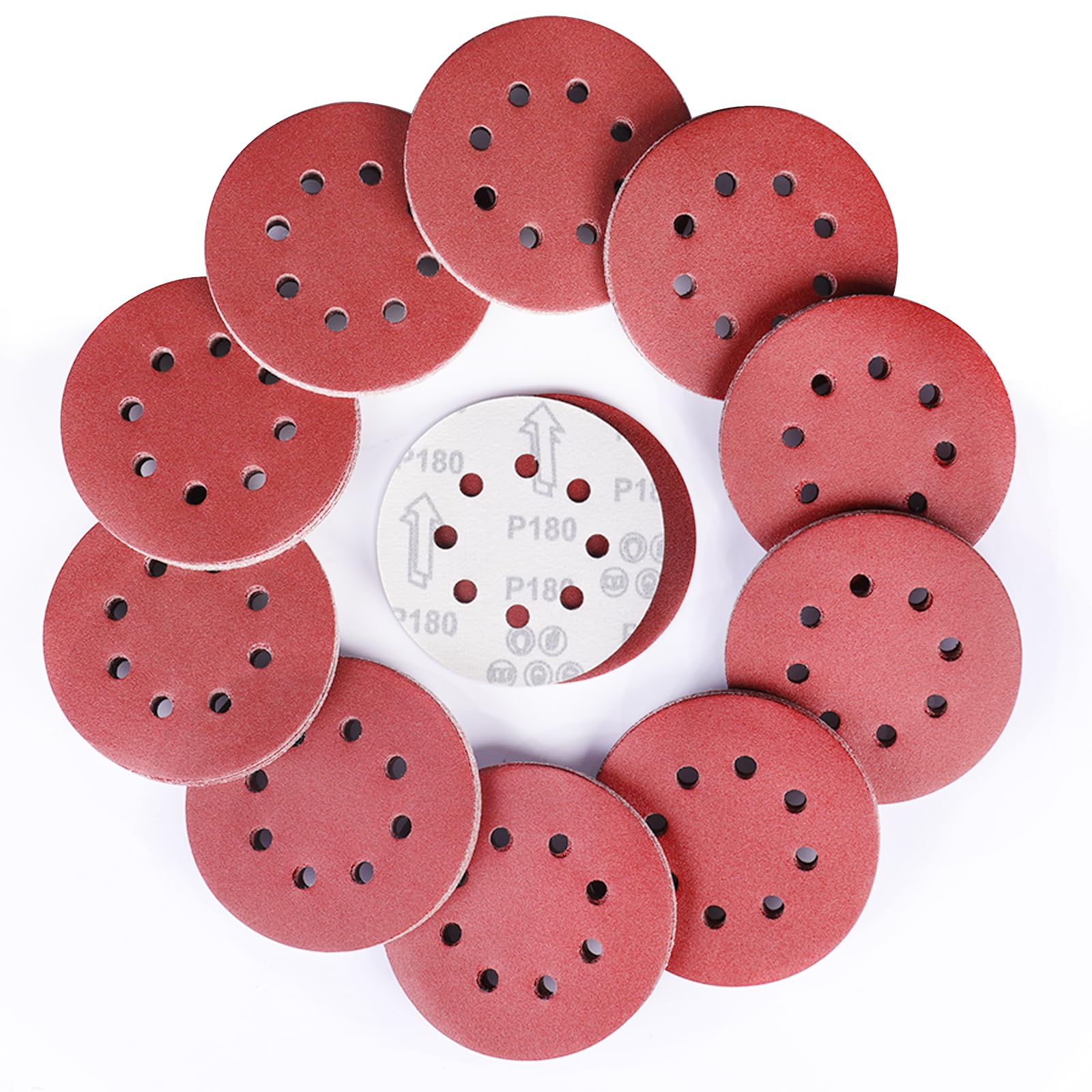 Sruhrak 100 Pcs Sanding Discs, 125mm Sanding Pads Set Hook and Loop 180 Grits Sandpaper for Random Orbital Sander