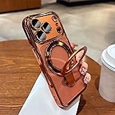 PIKULOA Case for iPhone 17 Pro Max with Magnetic Stand [Compatible with MagSafe] [Full Camera Lens Protector] Luxury Plating Shockproof Clear Phone Case for iPhone 17 Pro Max 6.9", Titanium Orange