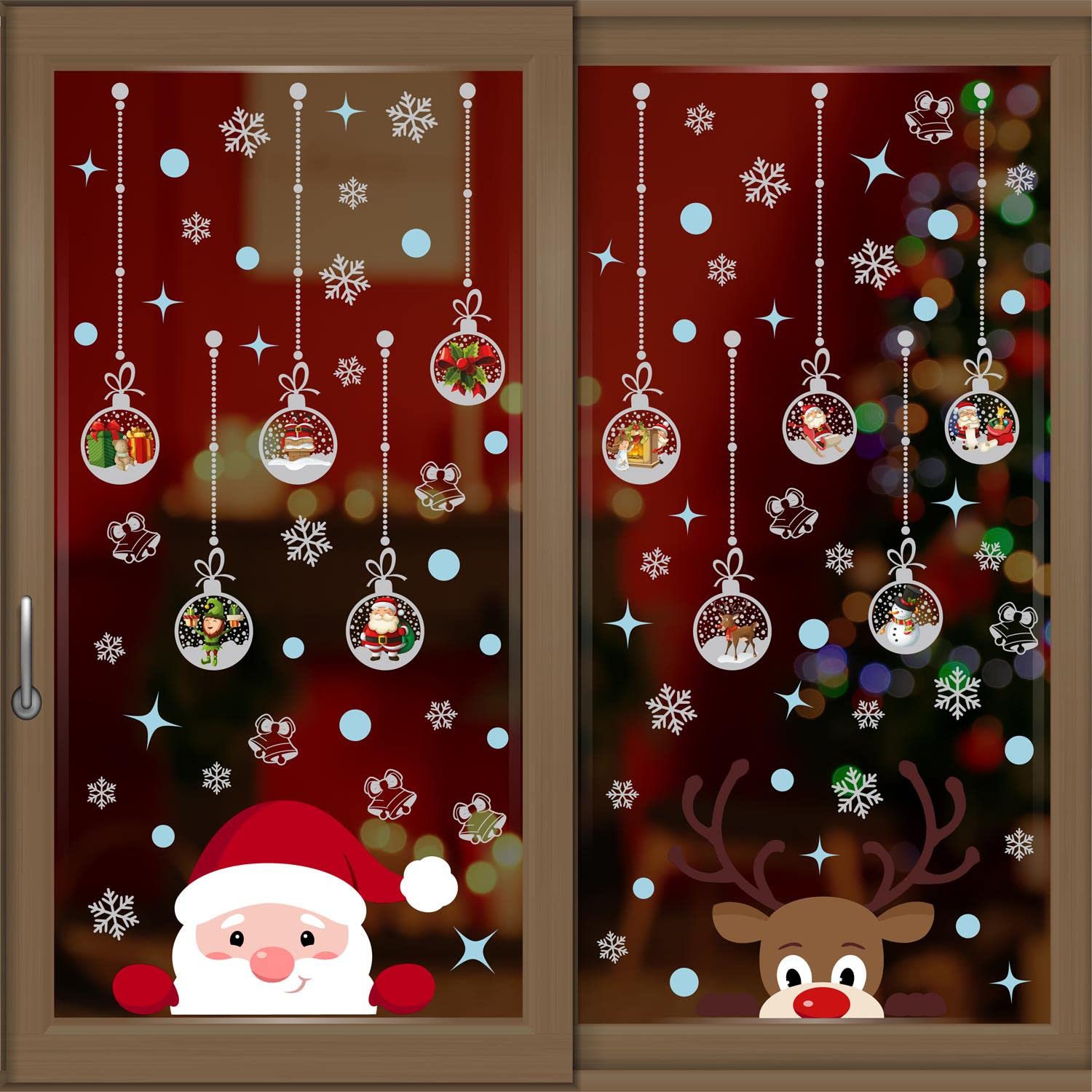 WALPLUS Christmas Window Stickers Clings Xmas DecorationReusable Double-Sided Print Decals for Glass Living Room Windows Display Santa and Rudolph with Baubles 83 Pieces, C2WSW011, One Size