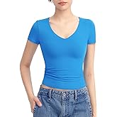PUMIEY Women's V Neck Short Sleeve T Shirts Slim Fit Going Out Tops Sexy Basic Tee Sharp Collection
