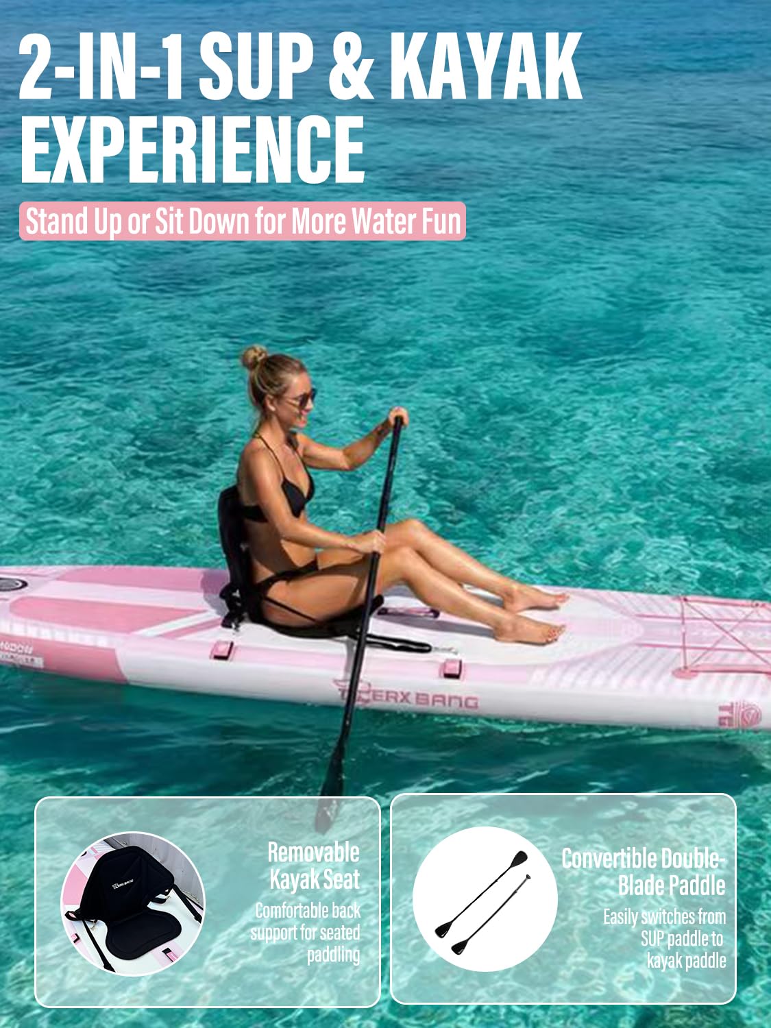 TIGERXBANG Aufblasbares Stand-Up-Paddle-Board mit Zubehör 335 × 86 × 15 cm, SUP Board für Erwachsene, Kollektion Shadow Rosa 4